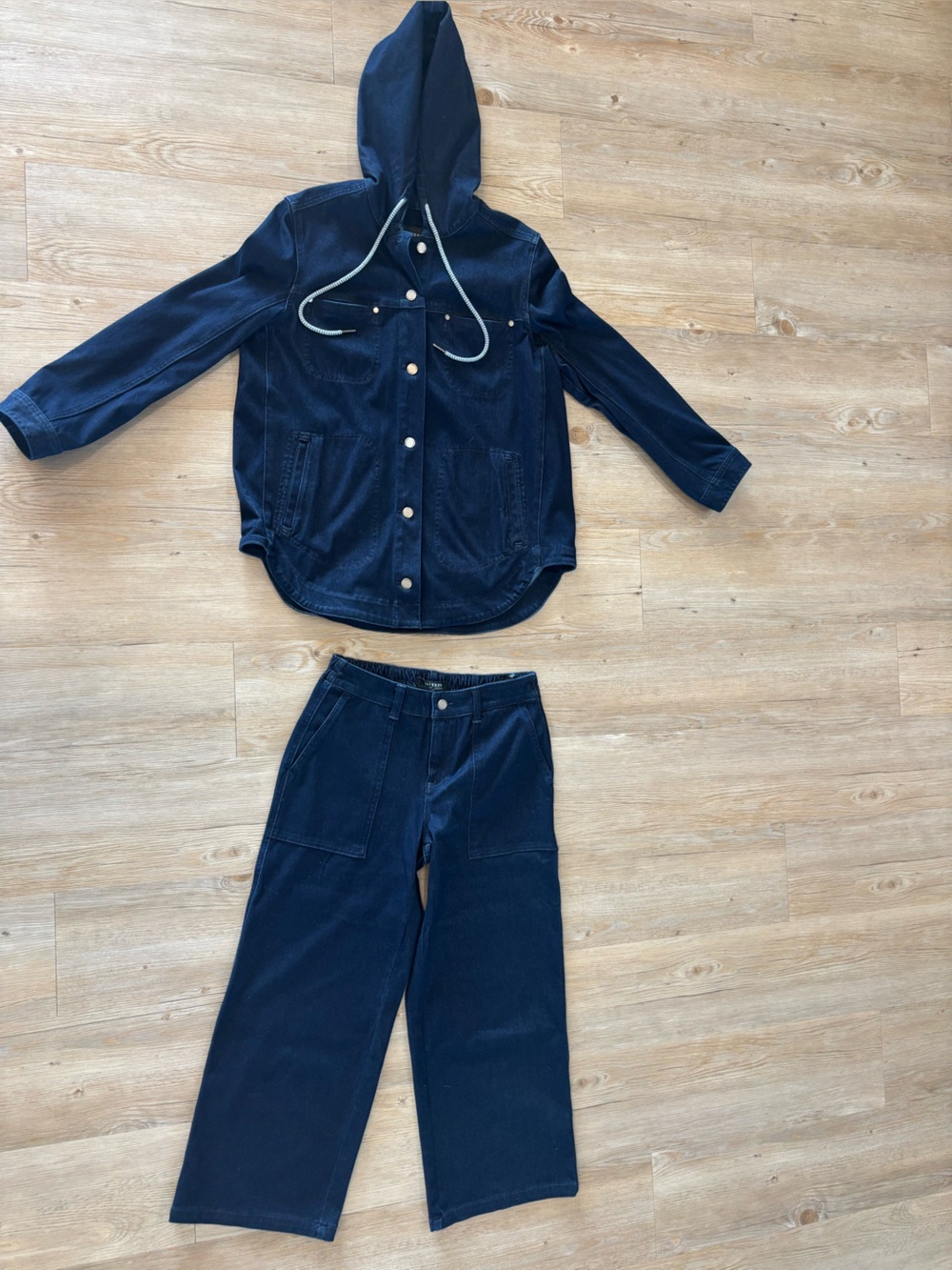 Liverpool Dark Blue Hooded Button-Up Jacket with Wide Leg Jeans